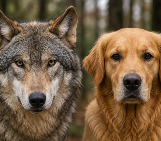 Gray wolf and domestic dog side by side showing their similarities and differences