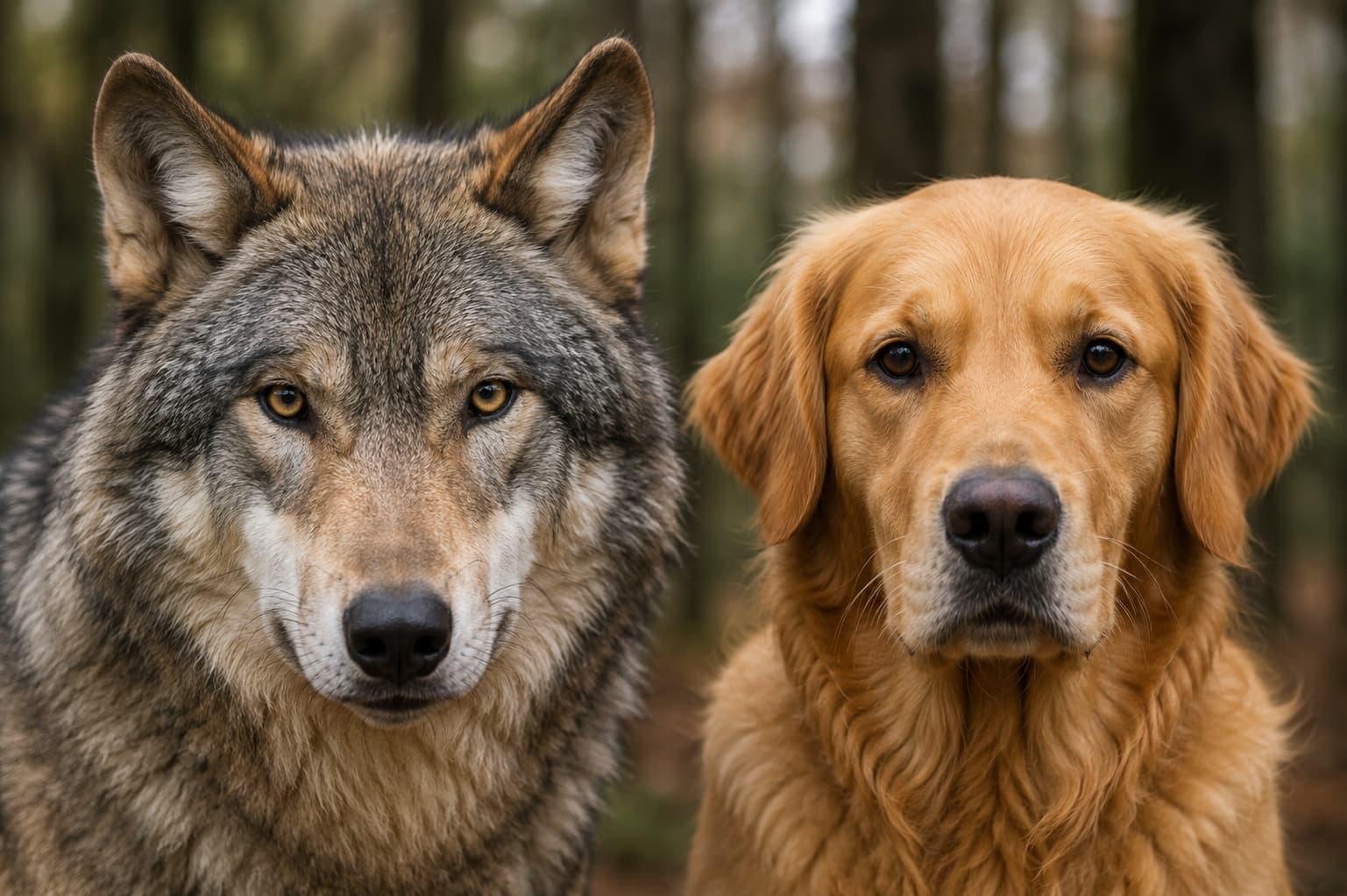 Gray wolf and domestic dog side by side showing their similarities and differences
