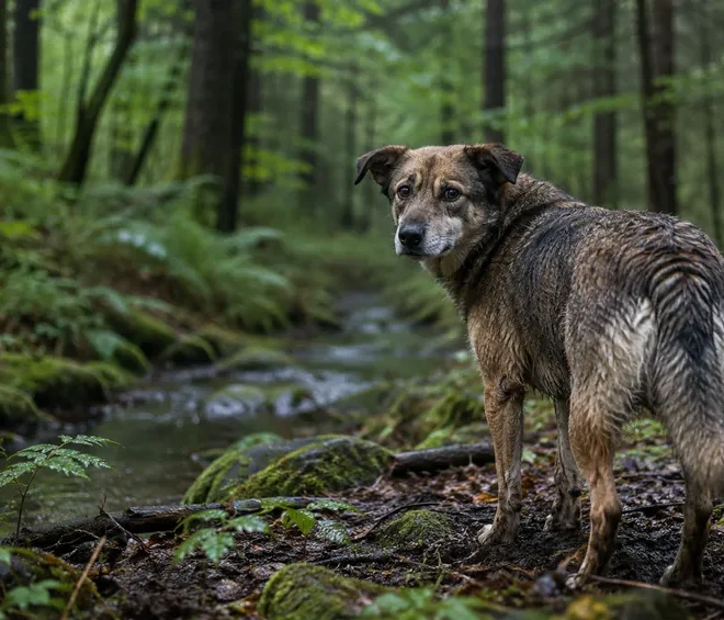 Wet dog standing in a forest near a stream after being lost in the woods