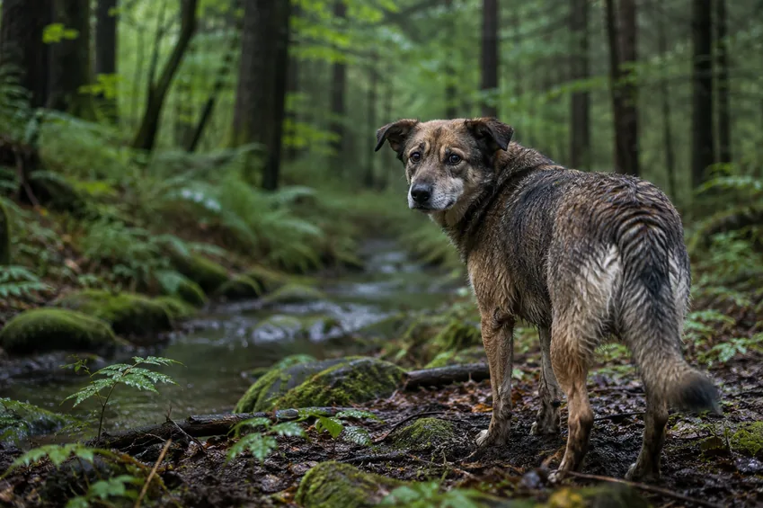 Wet dog standing in a forest near a stream after being lost in the woods