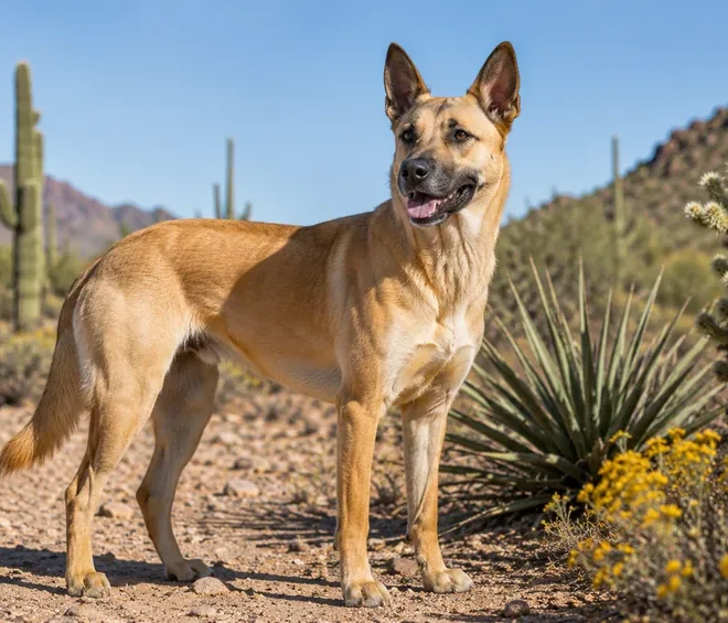 Tan short-haired dog standing in a sunny desert landscape with cacti and mountains