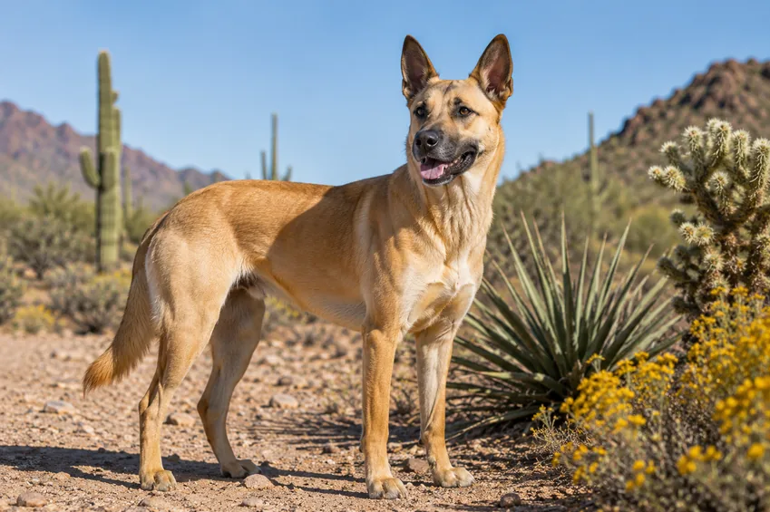 Tan short-haired dog standing in a sunny desert landscape with cacti and mountains