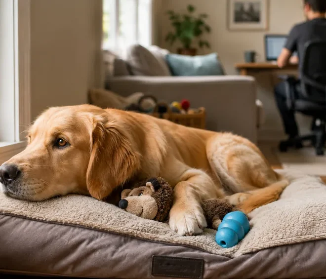 Golden retriever resting on a dog bed at home while its owner works in the background