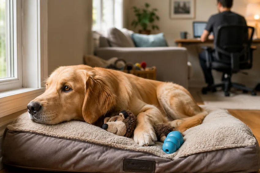 Golden retriever resting on a dog bed at home while its owner works in the background